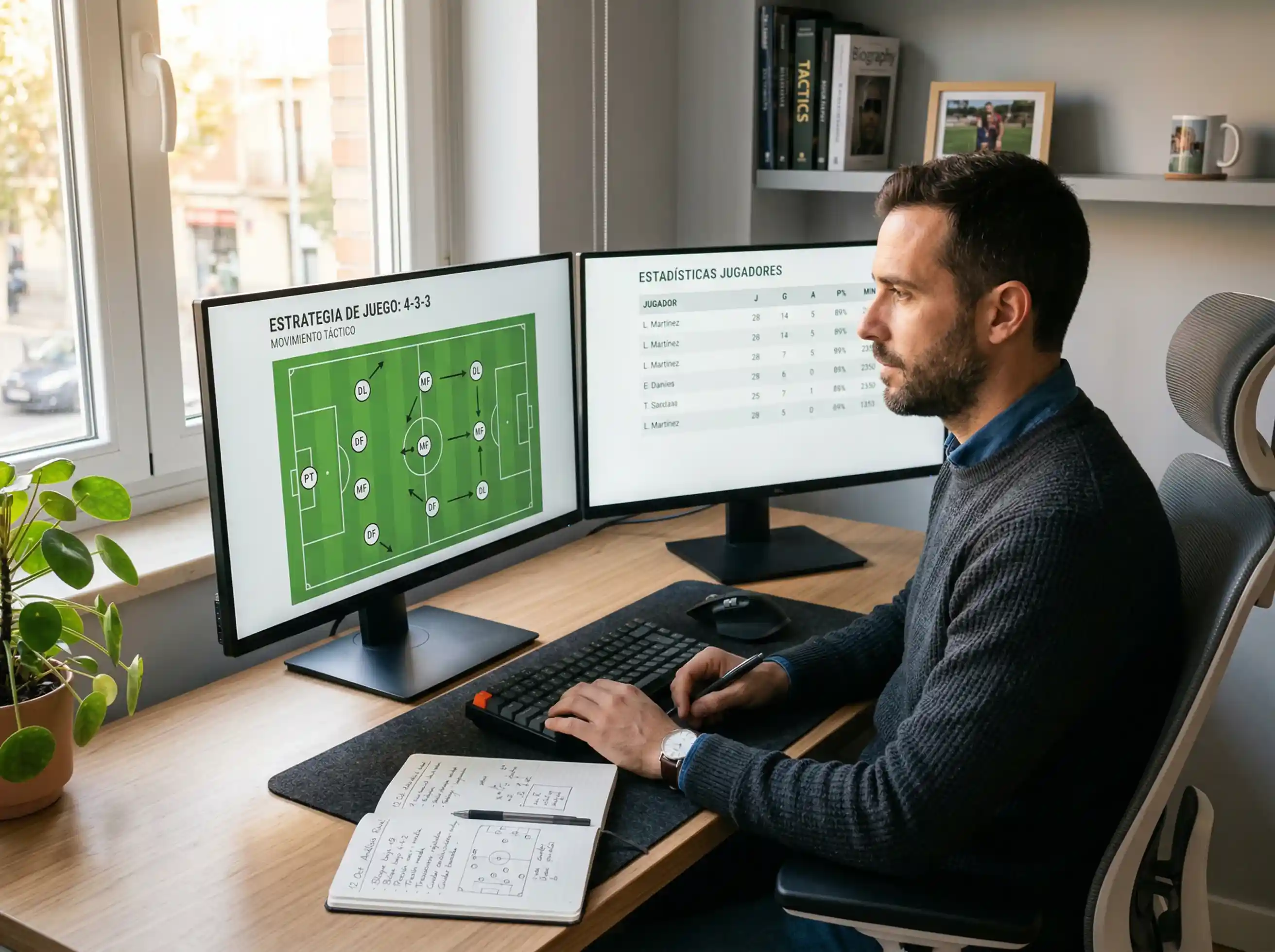 Analista deportivo revisando datos de partidos de fútbol japonés en una mesa de trabajo con notas y estadísticas