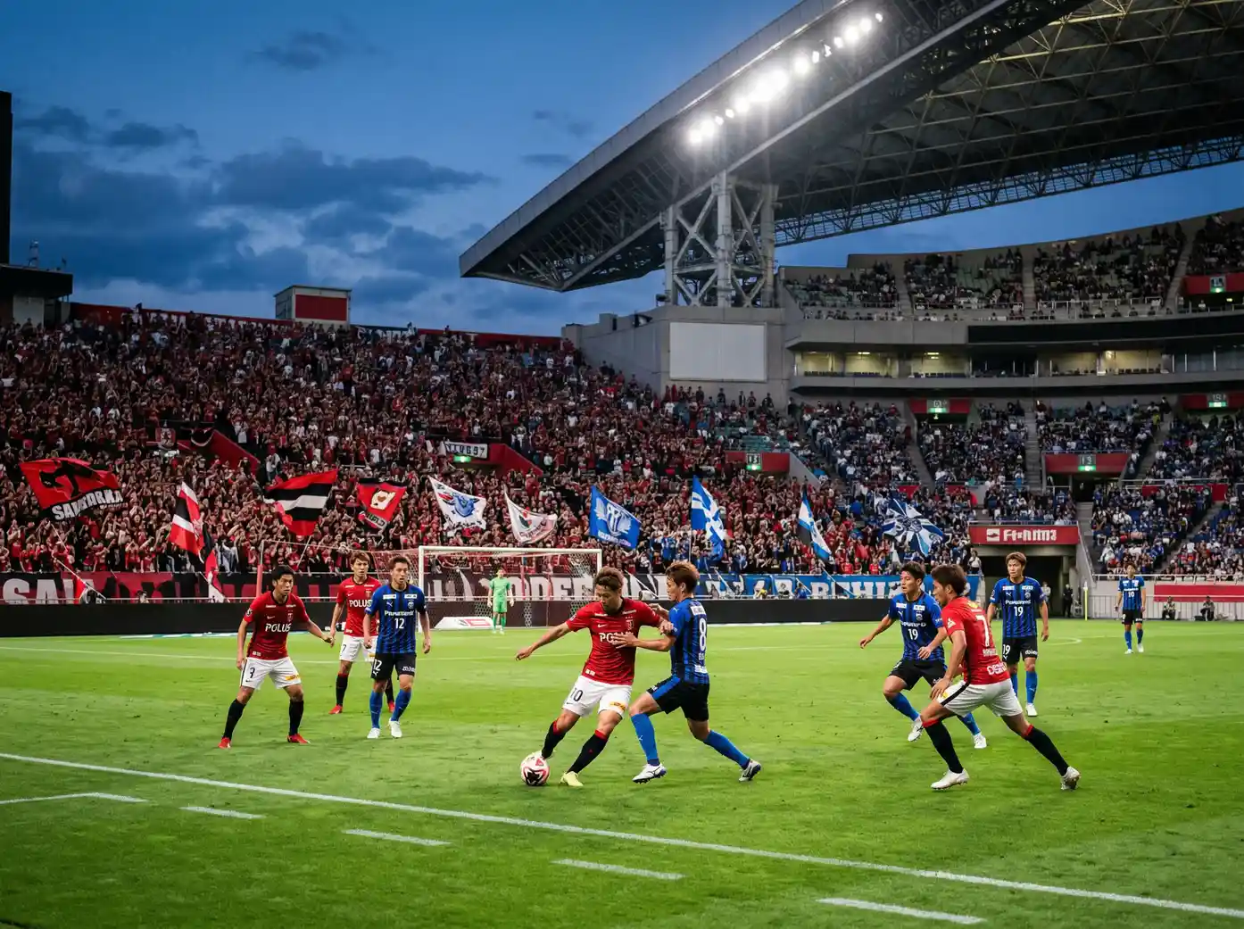 Estadio de fútbol japonés con aficionados durante un partido de la J1 League