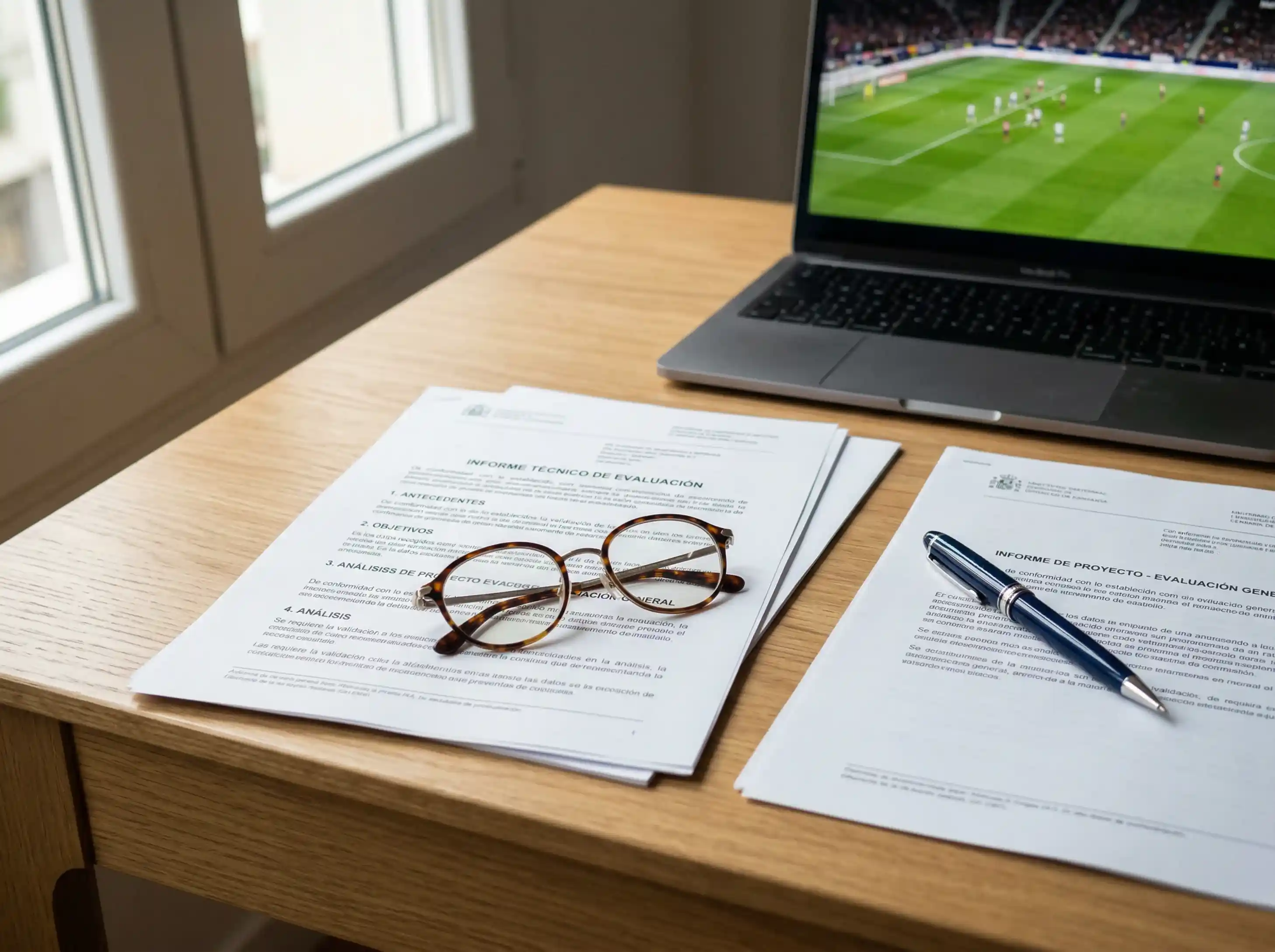 Documento oficial sobre regulación de apuestas deportivas junto a un portátil mostrando un partido de fútbol de la J League